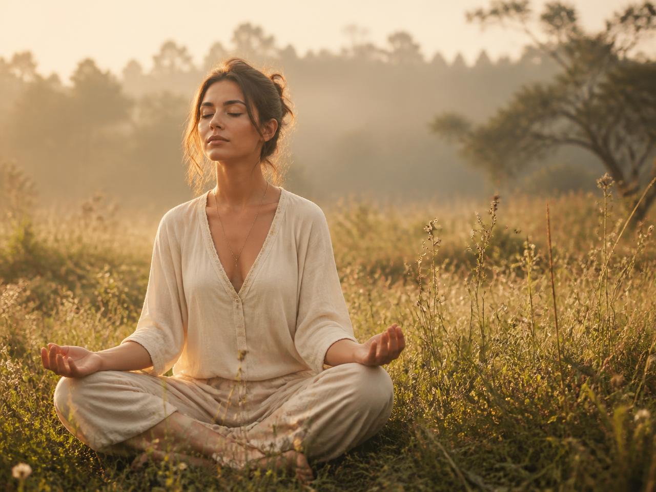 Persona meditando en calma al amanecer